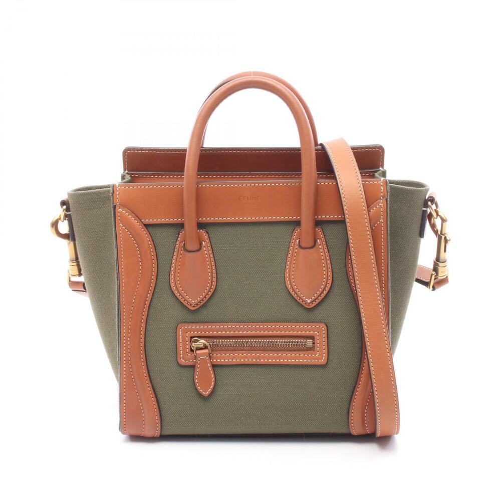 Celine Luggage Shopper Handbag Canvas Leather Khaki Green Brown